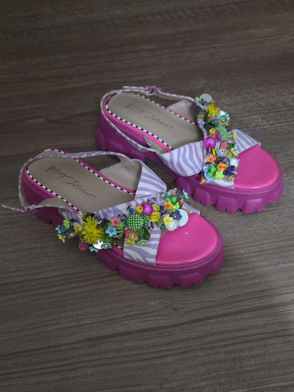 Betsey Johnson Pink Platform Beaded Floral Sandals - Picture 2 of 6